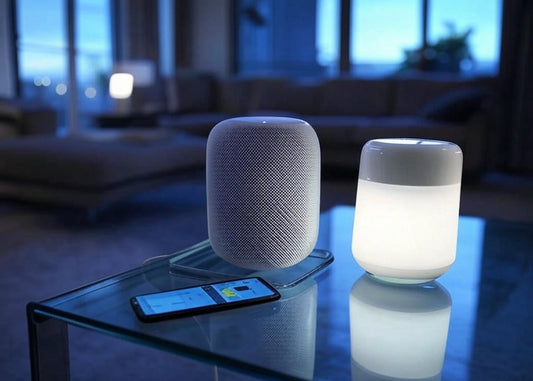 Apple HomeKit compatible light bulbs hero image with smart lighting and HomePod Mini