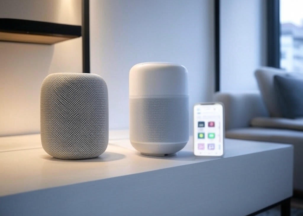 Apple HomePod vs Google Home hero image with smart speakers in living room