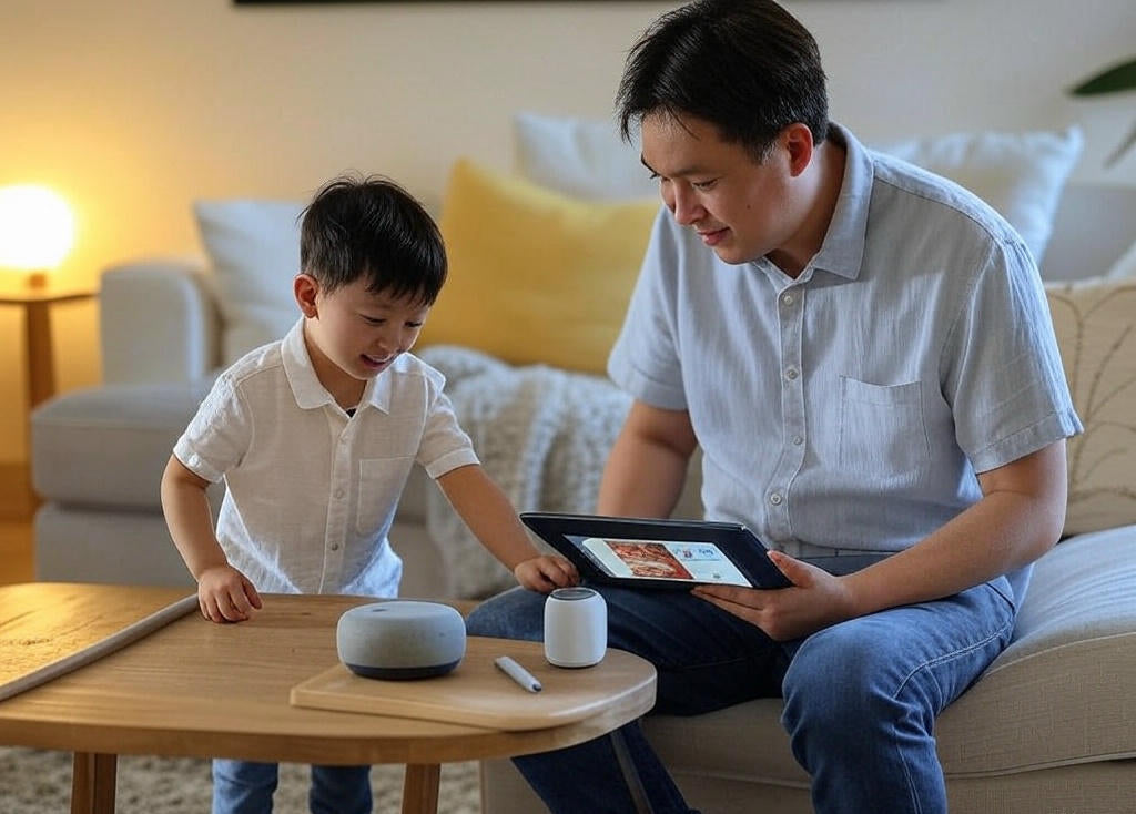 Artificial intelligence things for families hero image with family using AI tools