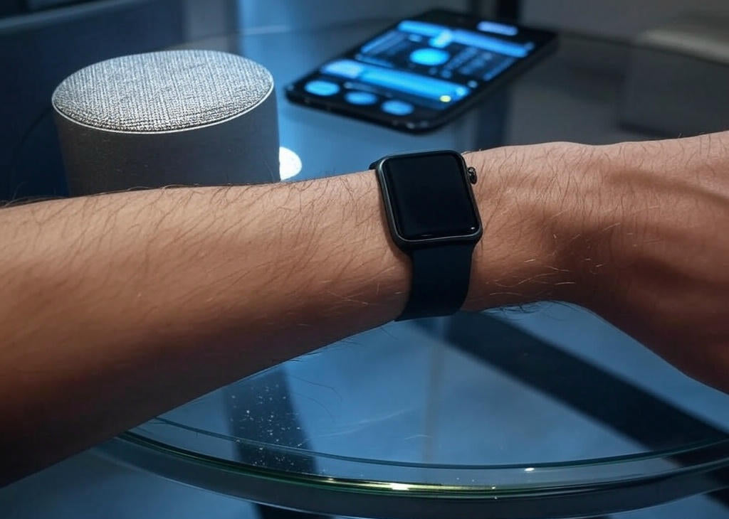 Best smartwatch for Android hero image with watch and Alexa speaker on table