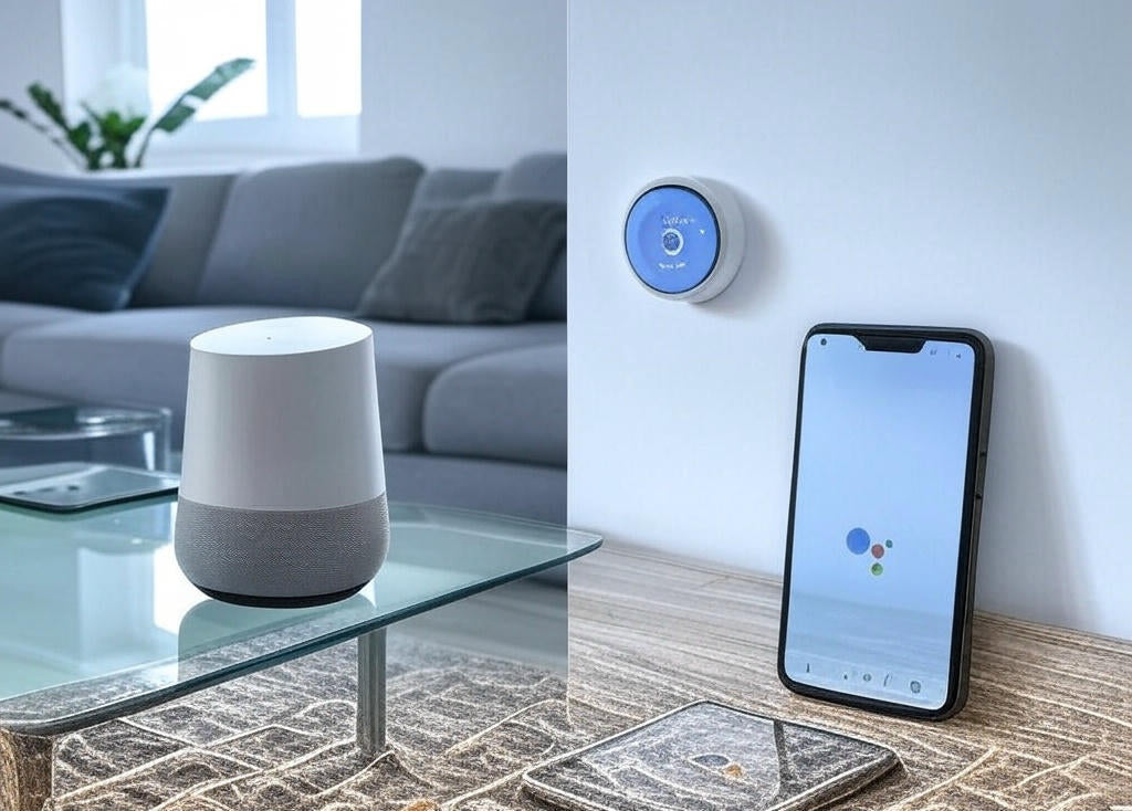Google Assistant vs Google Home hero image with hub and smart devices