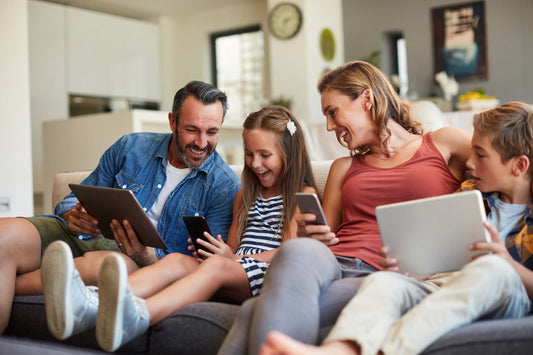 How to make a smart house hero image with family using smart devices