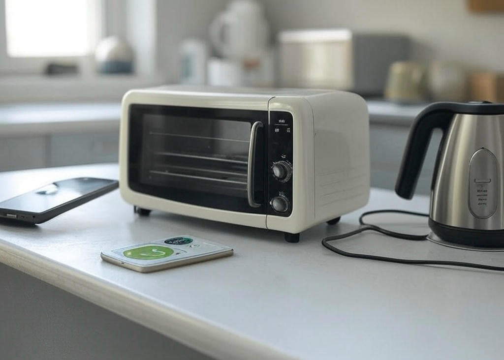 Low wattage toaster oven hero image with energy-efficient kitchen setup