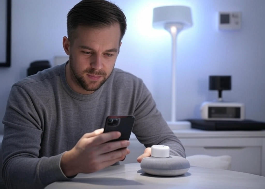 Smart home log in hero image with smartphone and smart hub