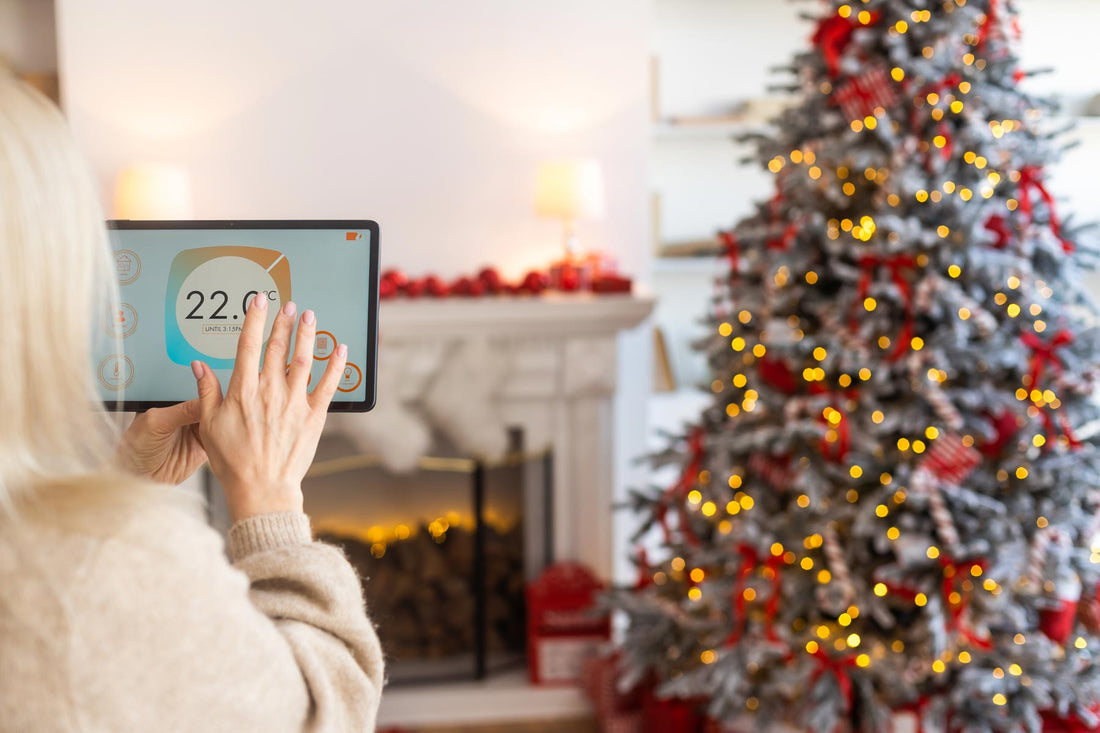 Smart home presents hero image with wrapped tech gifts and holiday decor