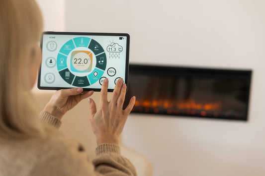 Thermostat in apartment hero image with smart device and smartphone control