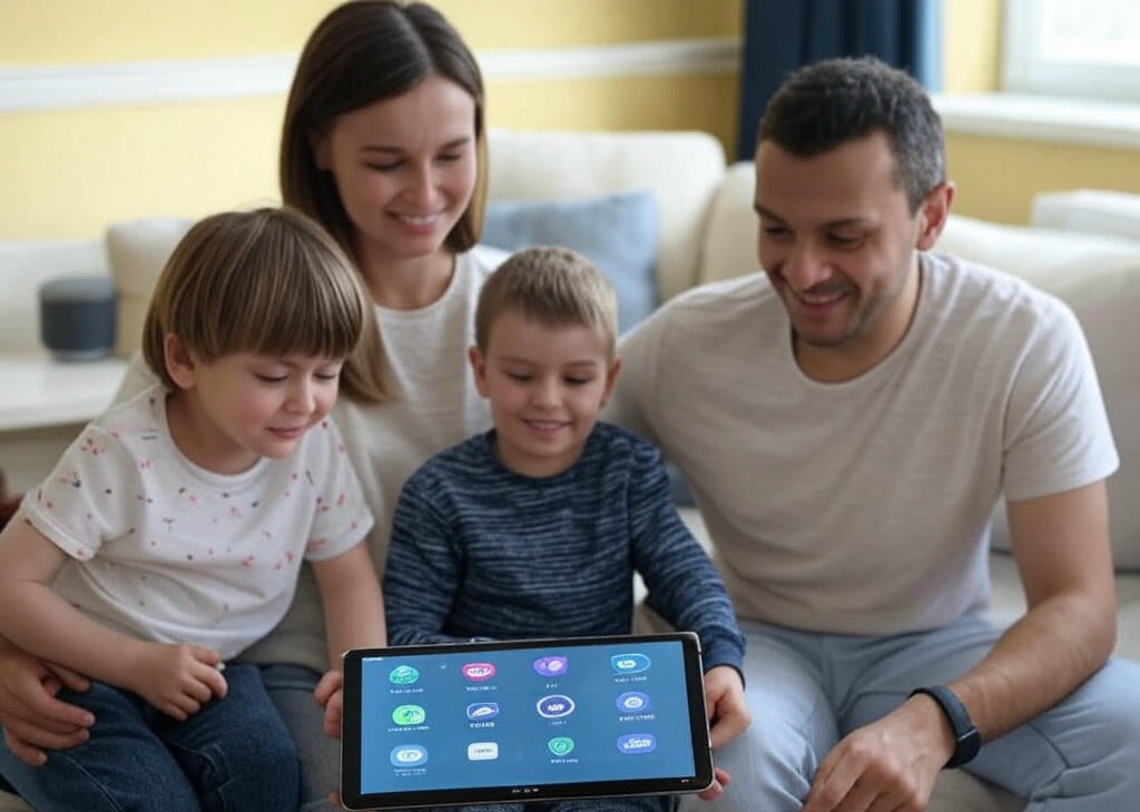 What are some of the AI platforms hero image with family using tablet and speaker