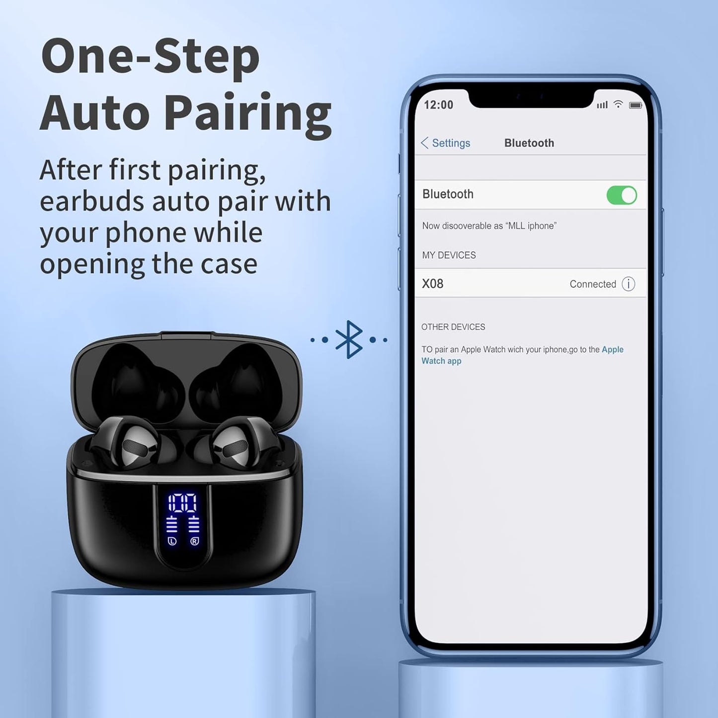 Bluetooth Wireless Earbuds with LED Power Display & Wireless Charging Case β 60H Playtime, IPX5 Waterproof In-Ear Headphones with Mic for Running, Gym, TV, Phone, Laptop β TAGRY X08 (Black)