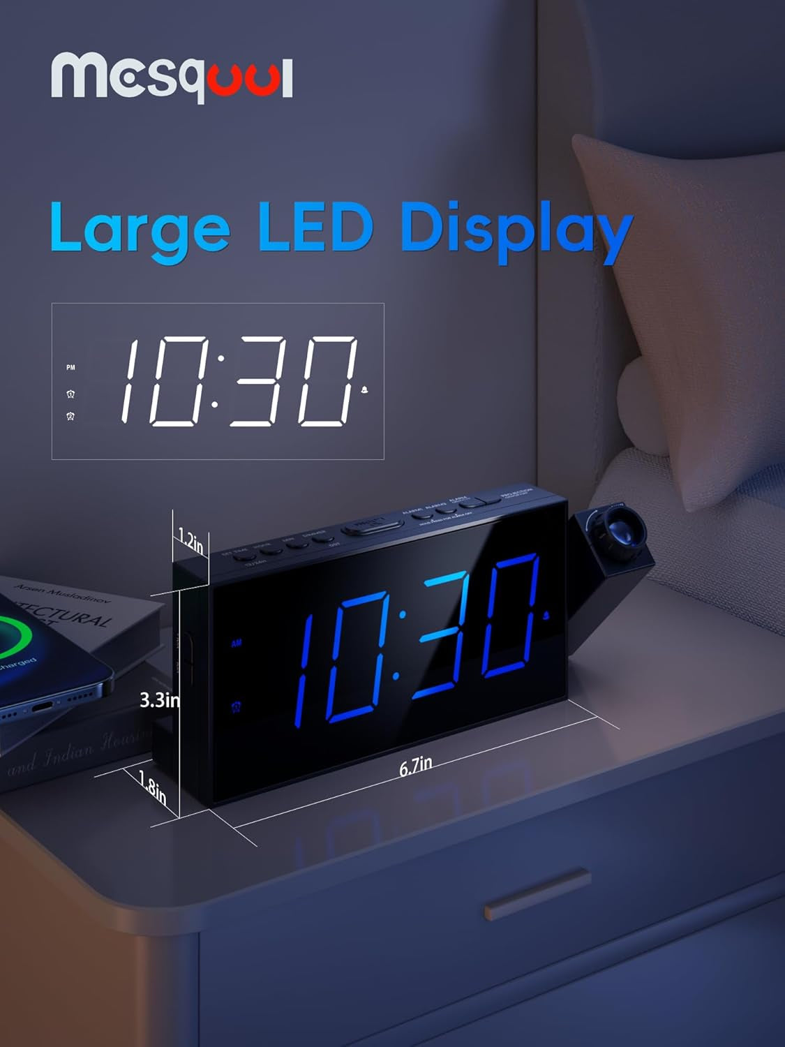 Mesqool Digital Projection Alarm Clock – 180° Rotatable Projector, 7" Large LED Display, Dual Alarms, 5-Level Dimmer, USB Charger & Battery Backup (Blue Projection)