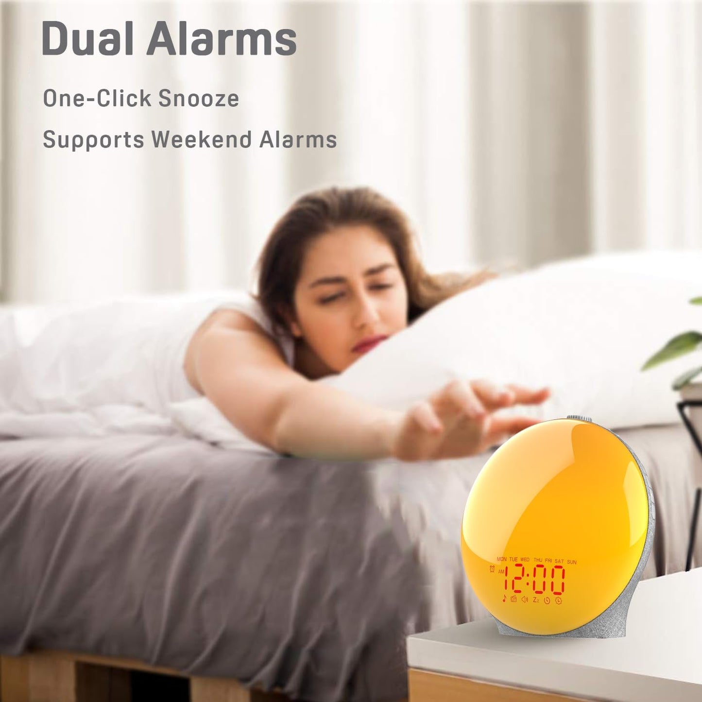 Sunrise Alarm Clock β Wake Up Light with Dual Alarms, FM Radio, 15 Colors, 8 Natural Sounds & Snooze for Kids & Heavy Sleepers (Gray Fabric)
