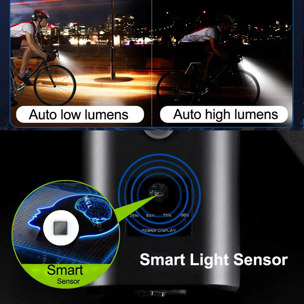 Smart Bicycle Headlight 6000 Lumen – 10000mAh Rechargeable Front Bike Light with Power Bank, IPX6 Waterproof, USB Charging, MTB & Road Cycling Lamp