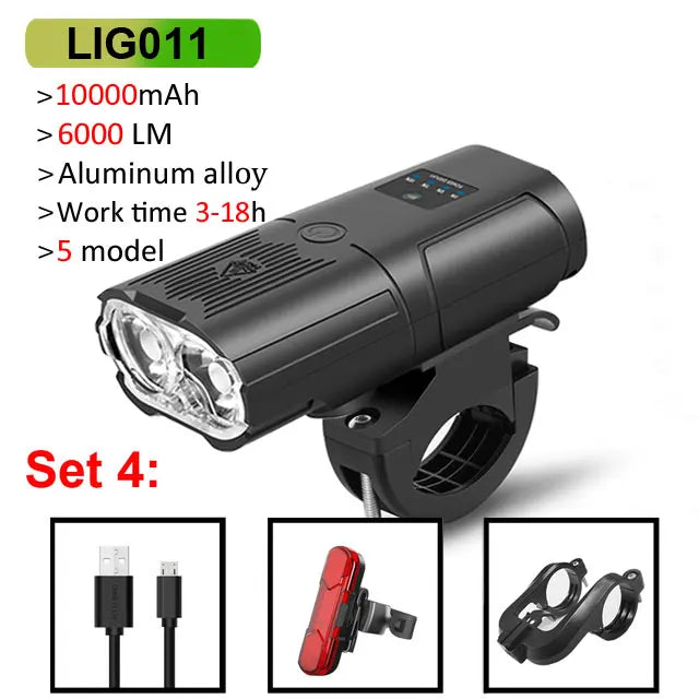 Smart Bicycle Headlight 6000 Lumen – 10000mAh Rechargeable Front Bike Light with Power Bank, IPX6 Waterproof, USB Charging, MTB & Road Cycling Lamp