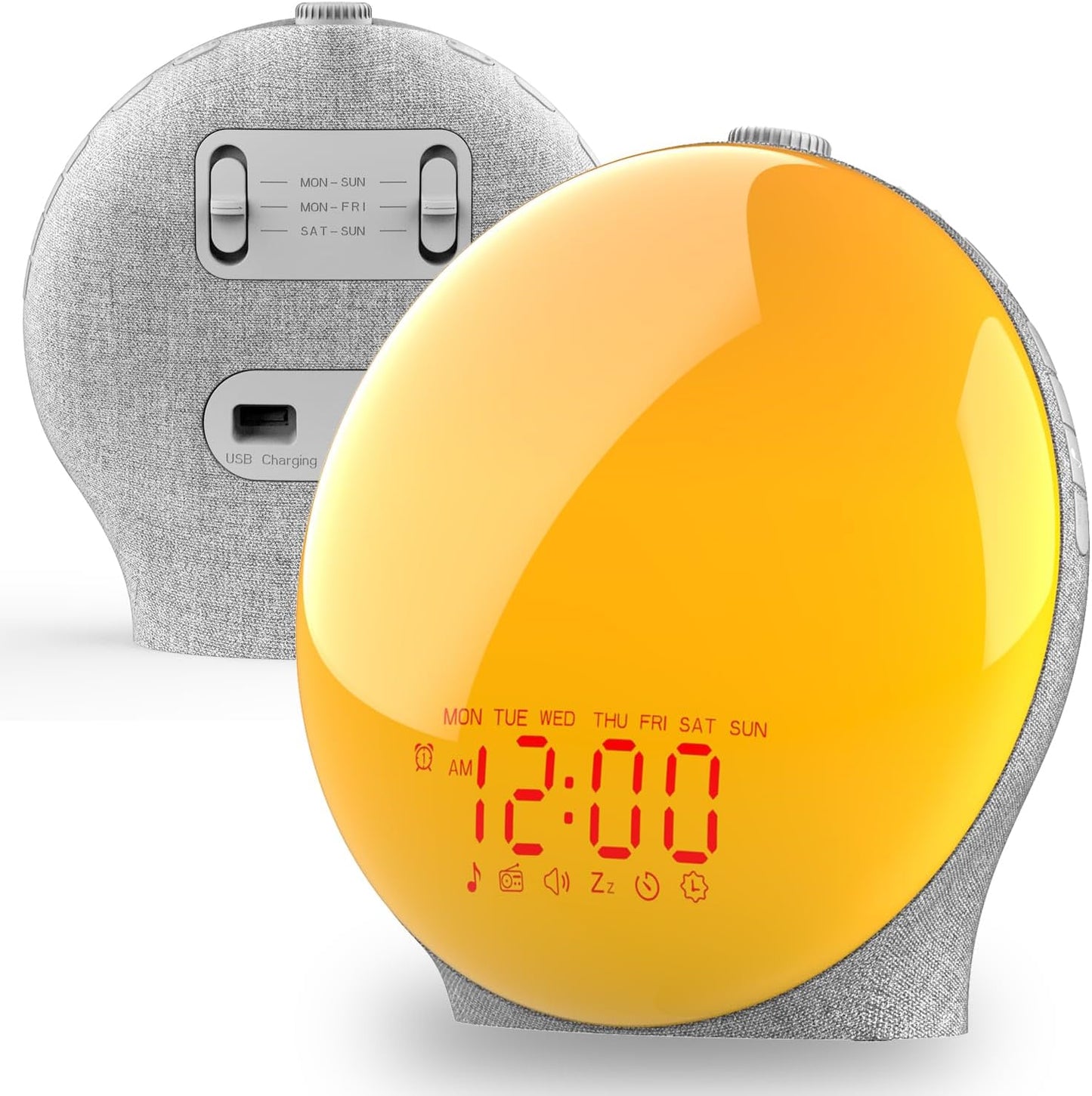 Sunrise Alarm Clock β Wake Up Light with Dual Alarms, FM Radio, 15 Colors, 8 Natural Sounds & Snooze for Kids & Heavy Sleepers (Gray Fabric)
