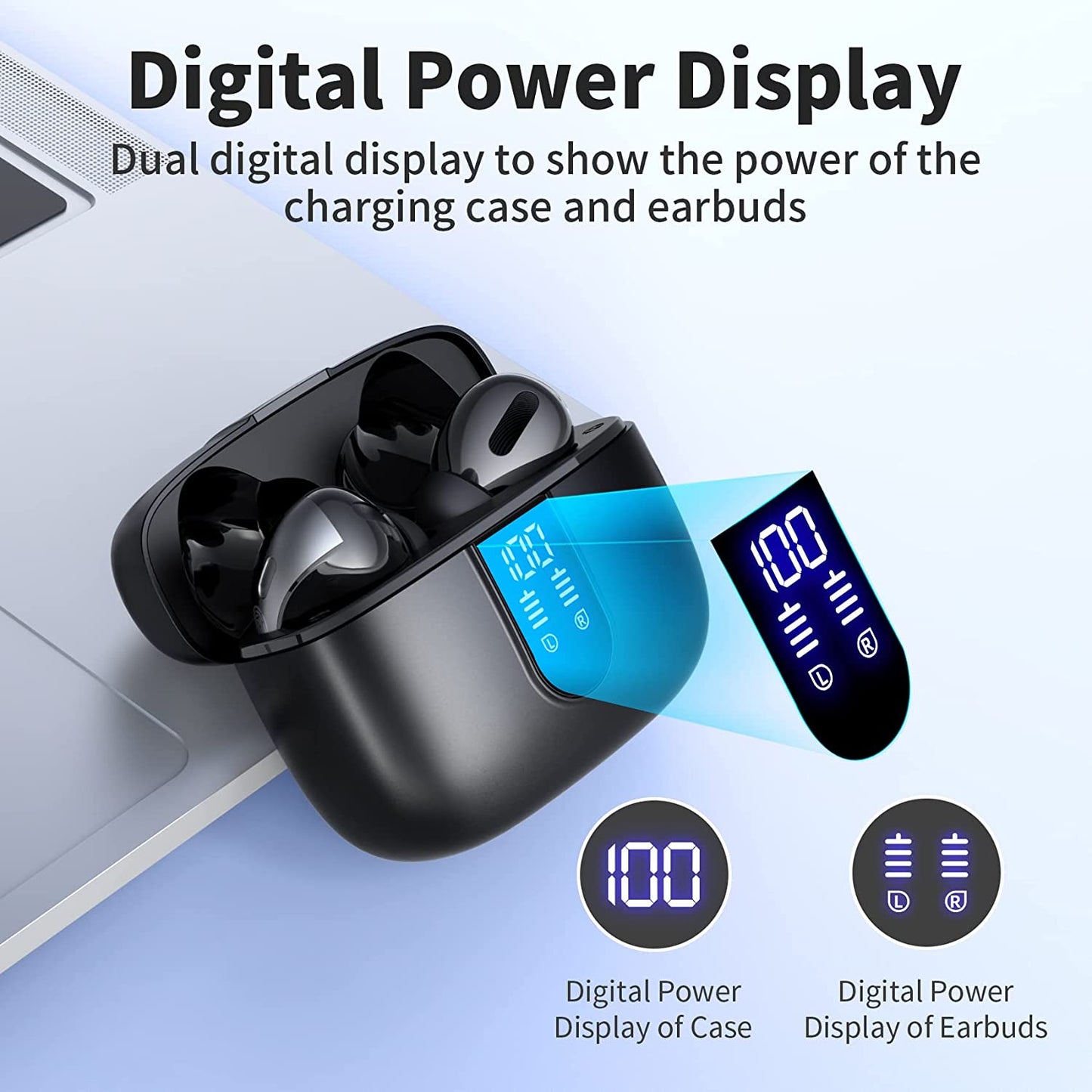 Bluetooth Wireless Earbuds with LED Power Display & Wireless Charging Case β 60H Playtime, IPX5 Waterproof In-Ear Headphones with Mic for Running, Gym, TV, Phone, Laptop β TAGRY X08 (Black)