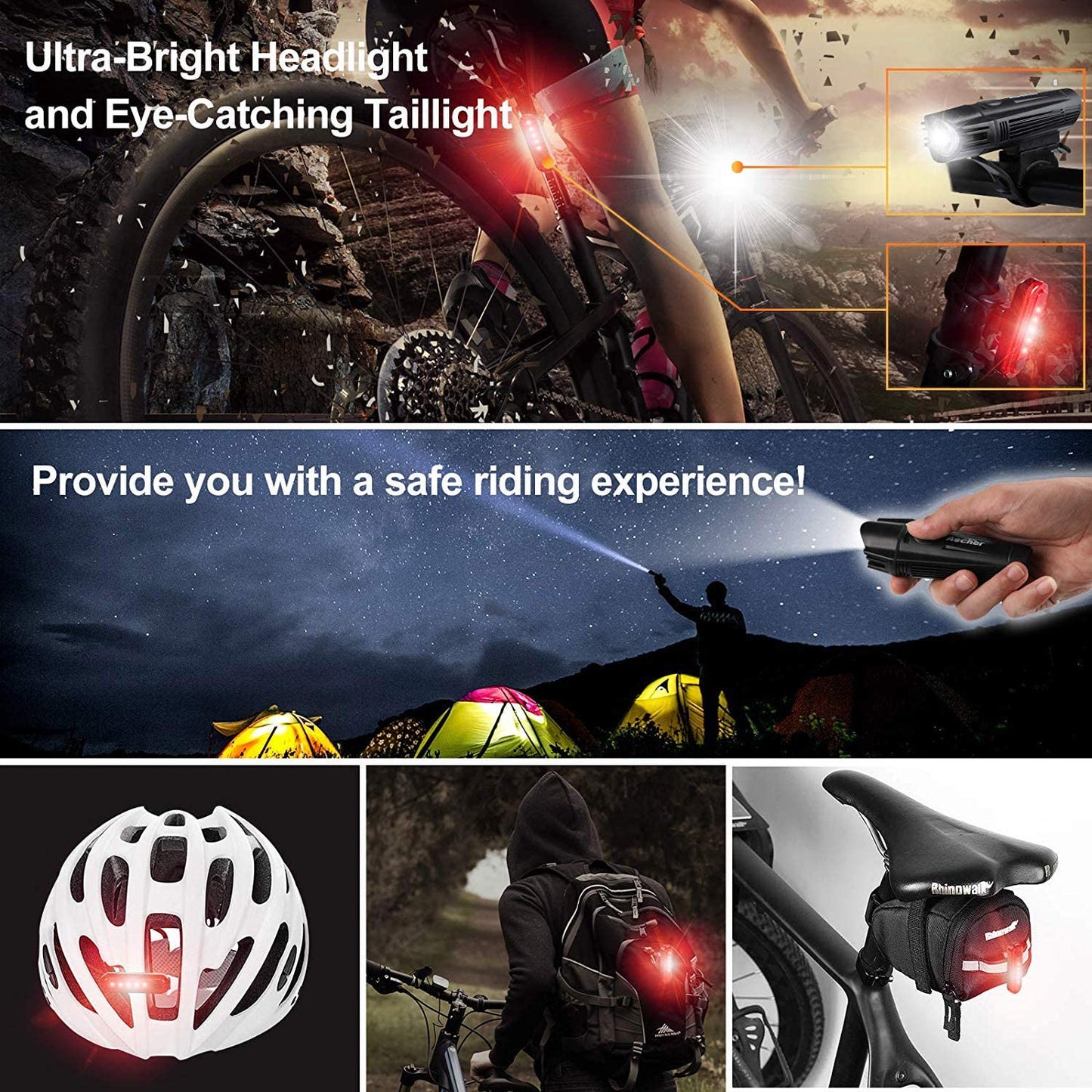 Ultra Bright Rechargeable Bike Light Set β 2000mAh USB Headlight & 330mAh Taillight, 4 Light Modes, IPX4 Waterproof, Front & Rear LED for Road, MTB, Night Cycling (Black)