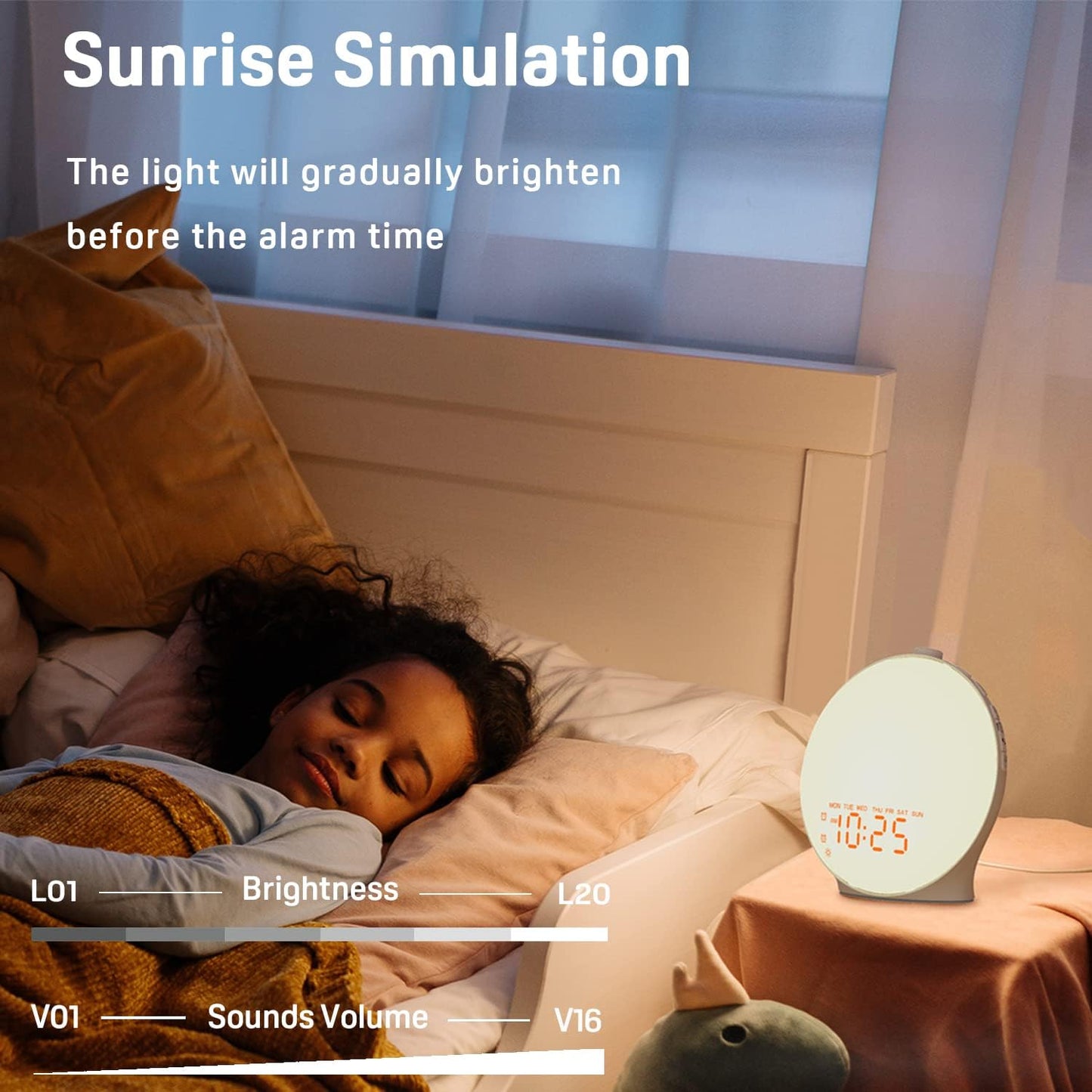 Sunrise Alarm Clock β Wake Up Light with Dual Alarms, FM Radio, 15 Colors, 8 Natural Sounds & Snooze for Kids & Heavy Sleepers (Gray Fabric)