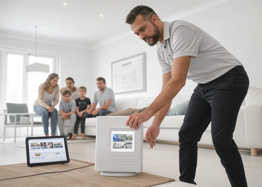 Home automation contractors hero image with installer setting up smart hub