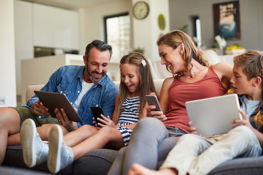 How to make a smart house hero image with family using smart devices