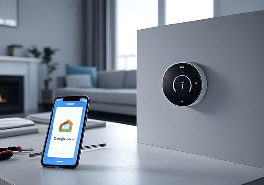 Nest Learning Thermostat with installation hero image with thermostat and tools
