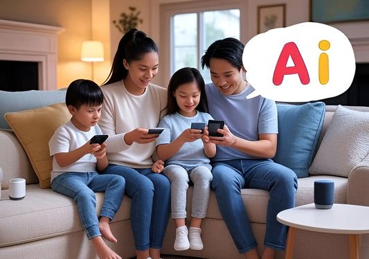 What does AI mean in text hero image with family texting and smart speaker
