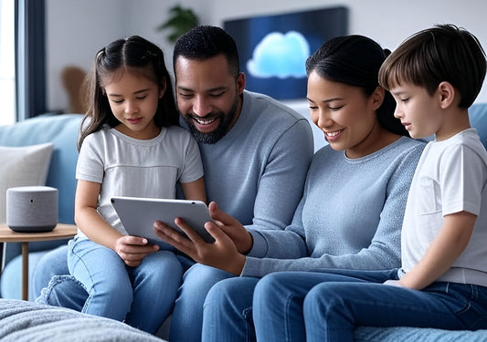 Artificial intelligence cloud services hero image with family using tablet and smart speaker