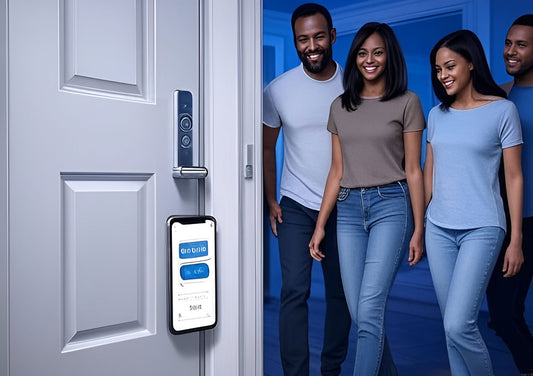 August 3rd Gen Smart Lock hero image with smart lock on door and smartphone