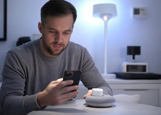 Smart home log in hero image with smartphone and smart hub