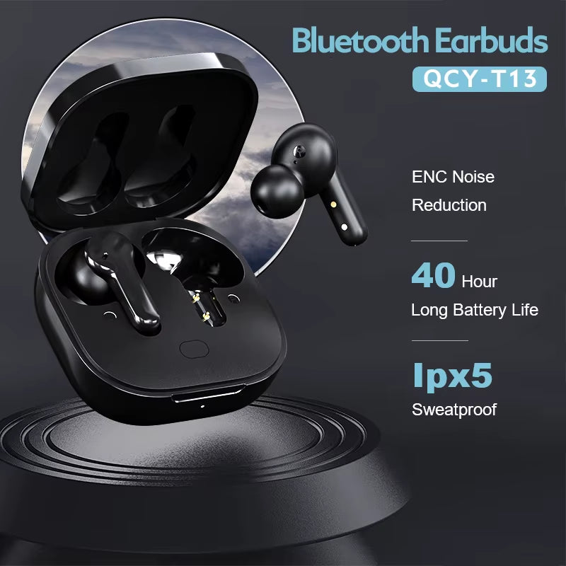 QCY T13 Wireless Earbuds Bluetooth 5.3 with 4-Mic ENC Calling, 40H Playtime, Quick Charge, Deep Bass 7.2mm Drivers, Sleep Mode, IPX5 Waterproof TWS Earphones with Touch Control – Black