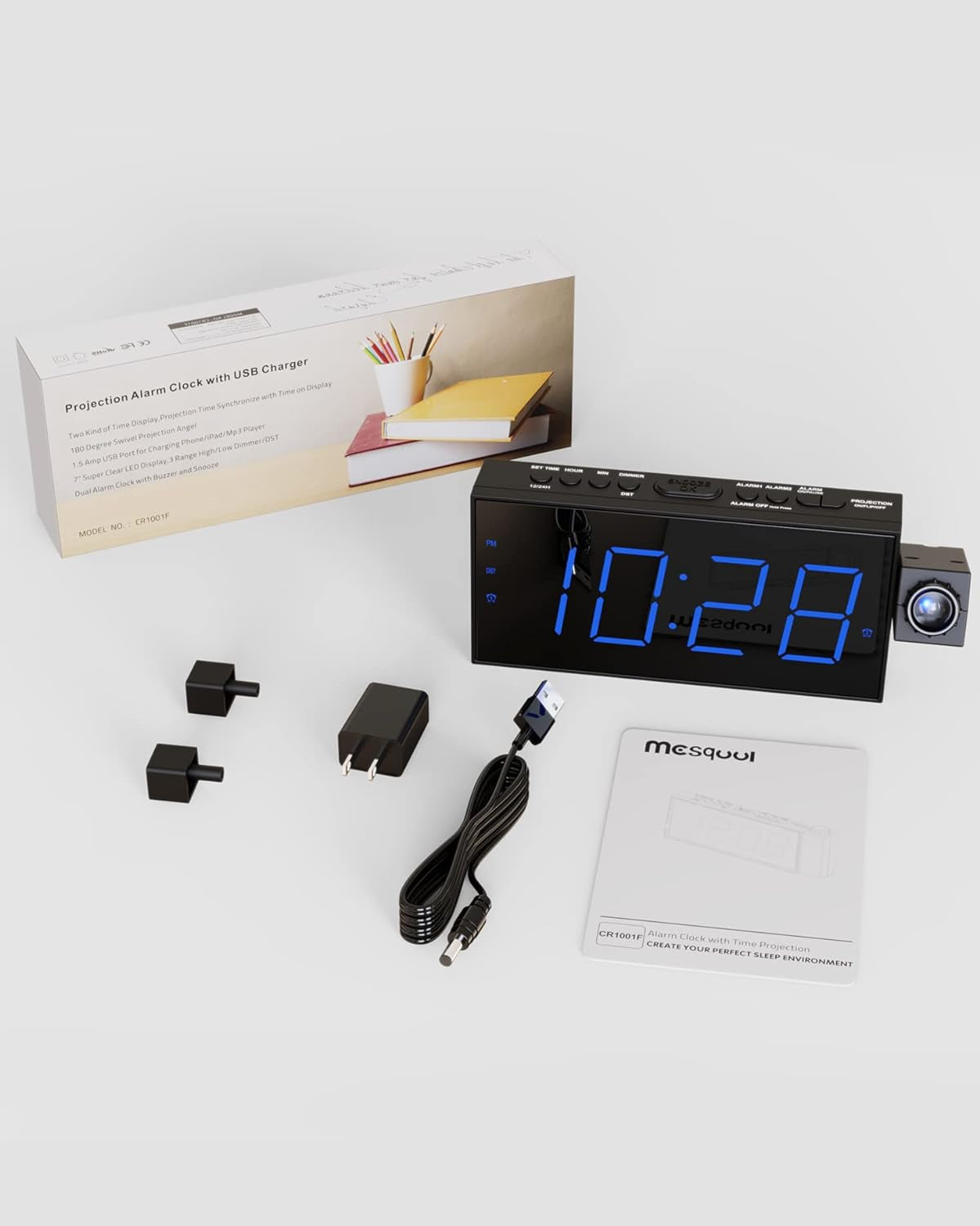 Mesqool Digital Projection Alarm Clock – 180° Rotatable Projector, 7" Large LED Display, Dual Alarms, 5-Level Dimmer, USB Charger & Battery Backup (Blue Projection)