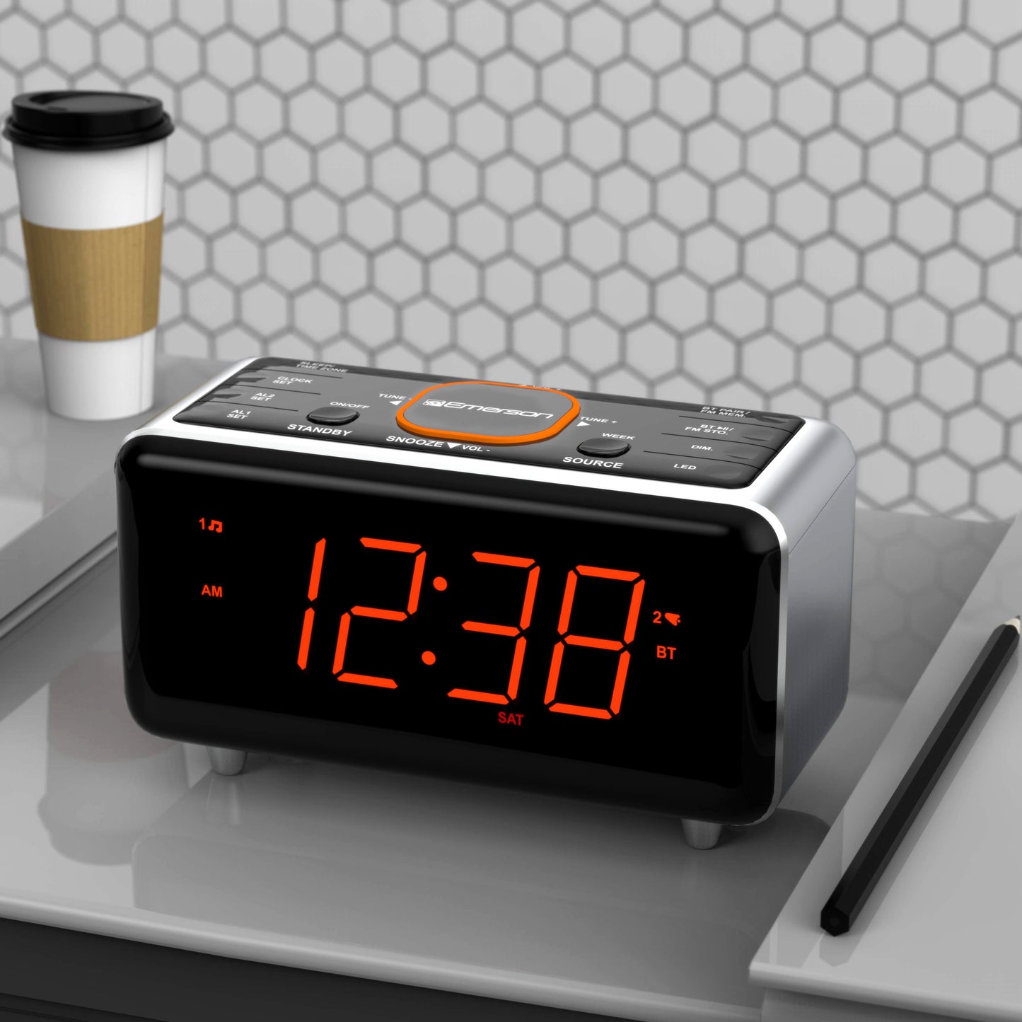 Emerson SmartSet Dual Alarm Clock Radio – Bluetooth Speaker, USB Charging, FM Radio & 1.4" Orange LED Display (CKS1521)