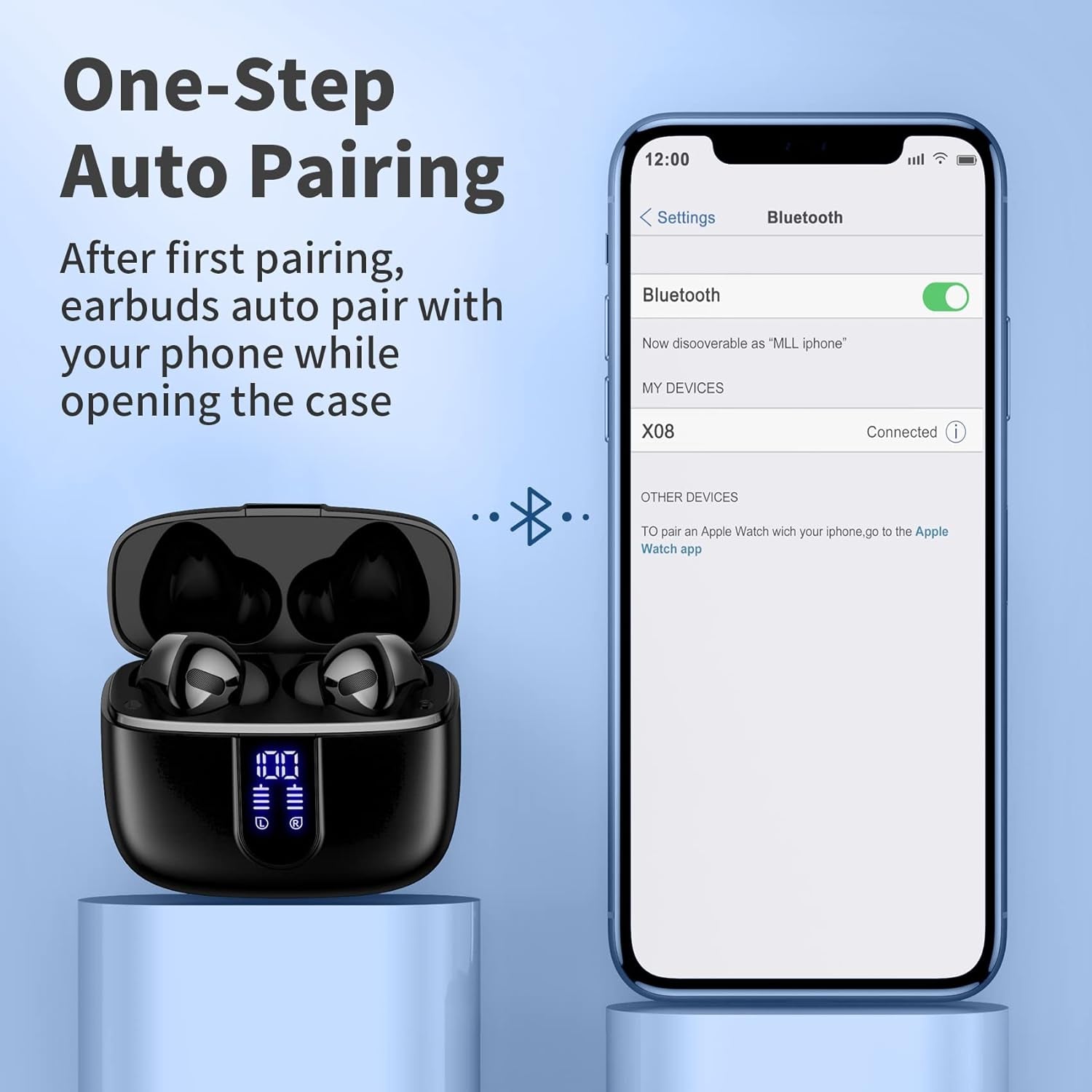 Bluetooth Wireless Earbuds with LED Power Display & Wireless Charging Case – 60H Playtime, IPX5 Waterproof In-Ear Headphones with Mic for Running, Gym, TV, Phone, Laptop – TAGRY X08 (Black)