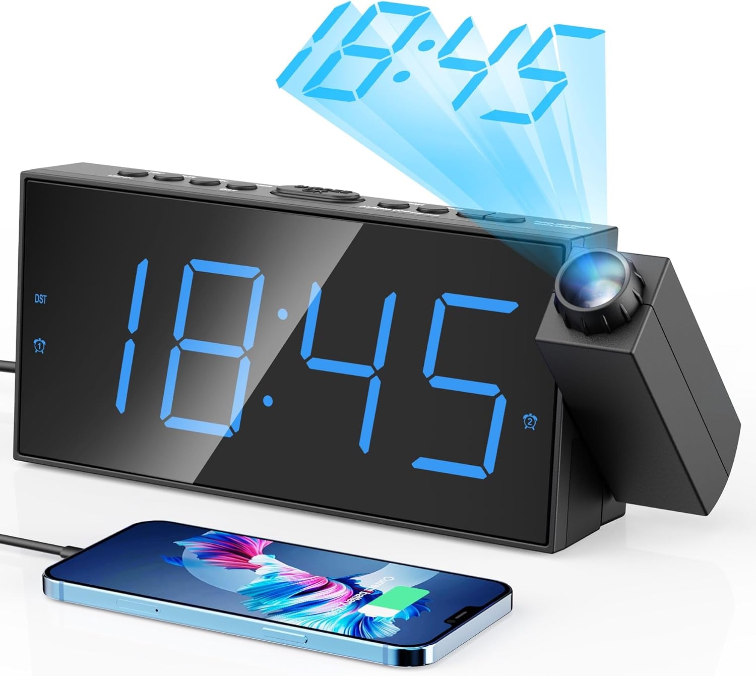 Mesqool Digital Projection Alarm Clock – 180° Rotatable Projector, 7" Large LED Display, Dual Alarms, 5-Level Dimmer, USB Charger & Battery Backup (Blue Projection)