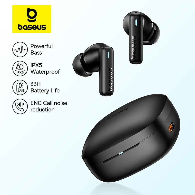 Baseus Bowie E19 Wireless Earbuds Bluetooth 5.3 | Deep Bass, 33H Battery Life, IPX5 Waterproof, Touch Control, ENC Dual Mic – Compact TWS Earphones for iPhone & Android