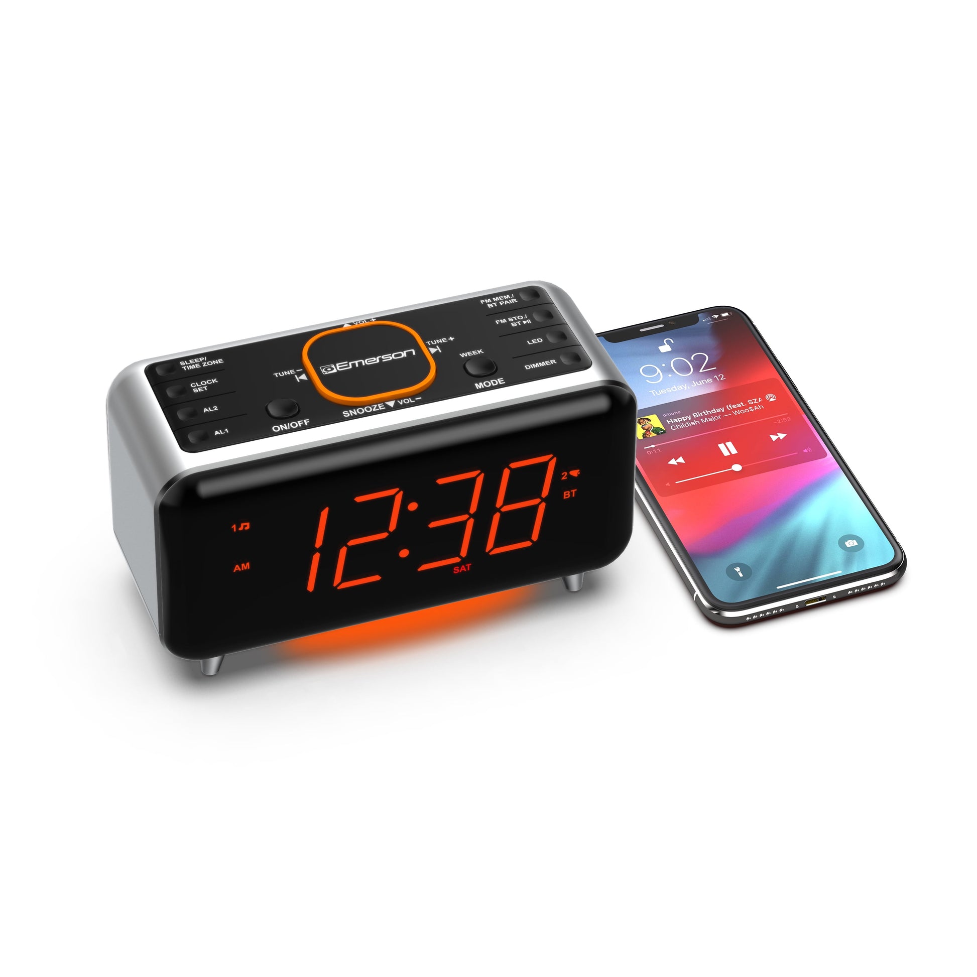 Emerson SmartSet Dual Alarm Clock Radio – Bluetooth Speaker, USB Charging, FM Radio & 1.4" Orange LED Display (CKS1521)