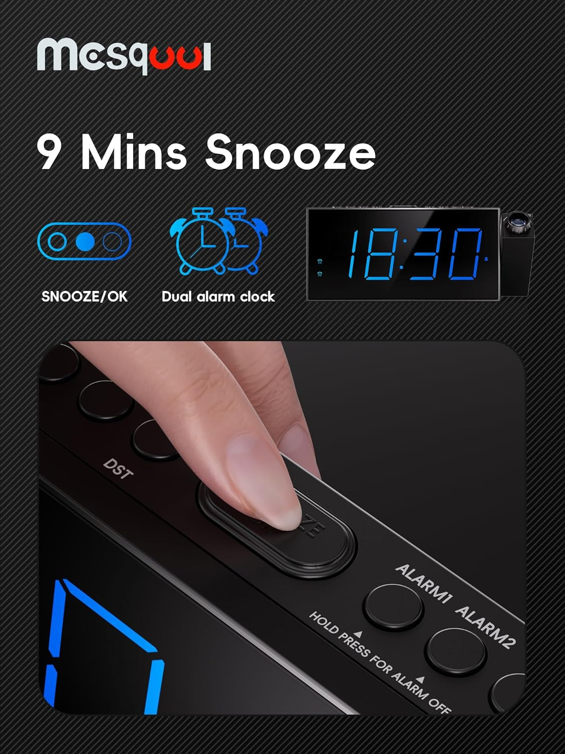 Mesqool Digital Projection Alarm Clock – 180° Rotatable Projector, 7" Large LED Display, Dual Alarms, 5-Level Dimmer, USB Charger & Battery Backup (Blue Projection)