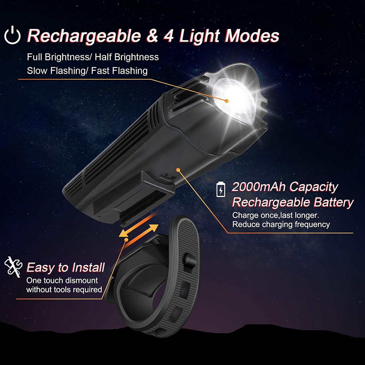 Ultra Bright Rechargeable Bike Light Set – 2000mAh USB Headlight & 330mAh Taillight, 4 Light Modes, IPX4 Waterproof, Front & Rear LED for Road, MTB, Night Cycling (Black)