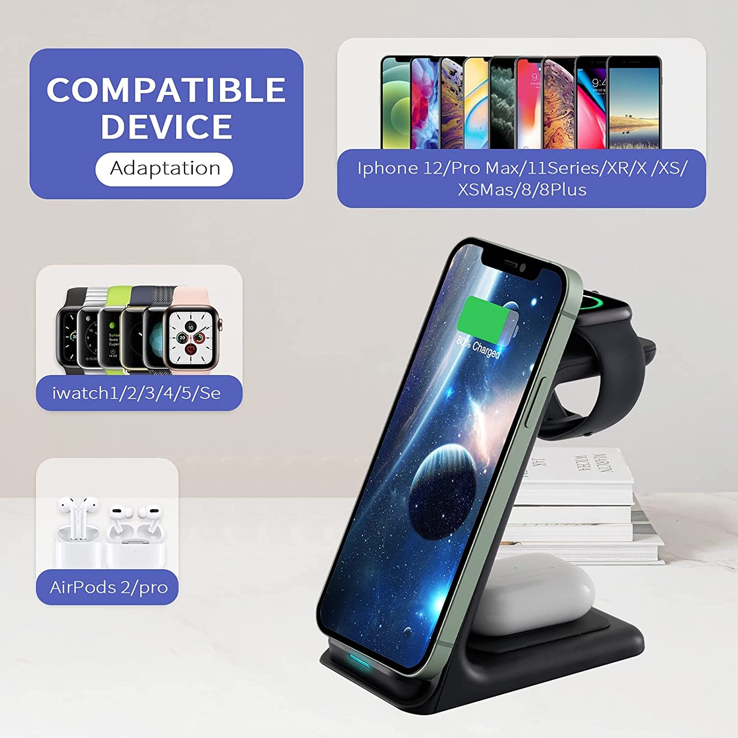 3-in-1 Fast Wireless Charger Station – For iPhone, Apple Watch & AirPods (Black)