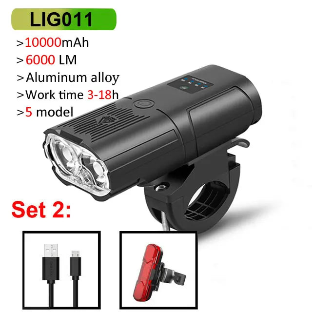 Smart Bicycle Headlight 6000 Lumen – 10000mAh Rechargeable Front Bike Light with Power Bank, IPX6 Waterproof, USB Charging, MTB & Road Cycling Lamp