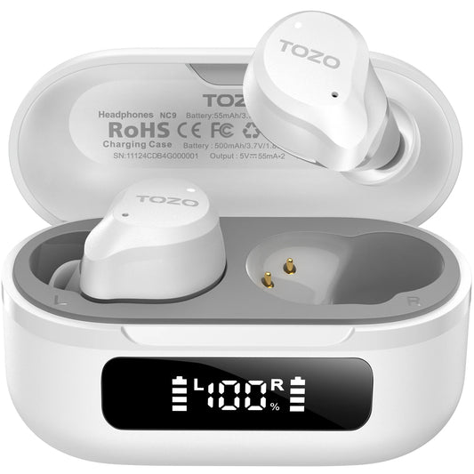 TOZO NC9 True Wireless Earbuds with Active Noise Cancelling, 6-Mic ENC, Bluetooth In-Ear Headphones – White