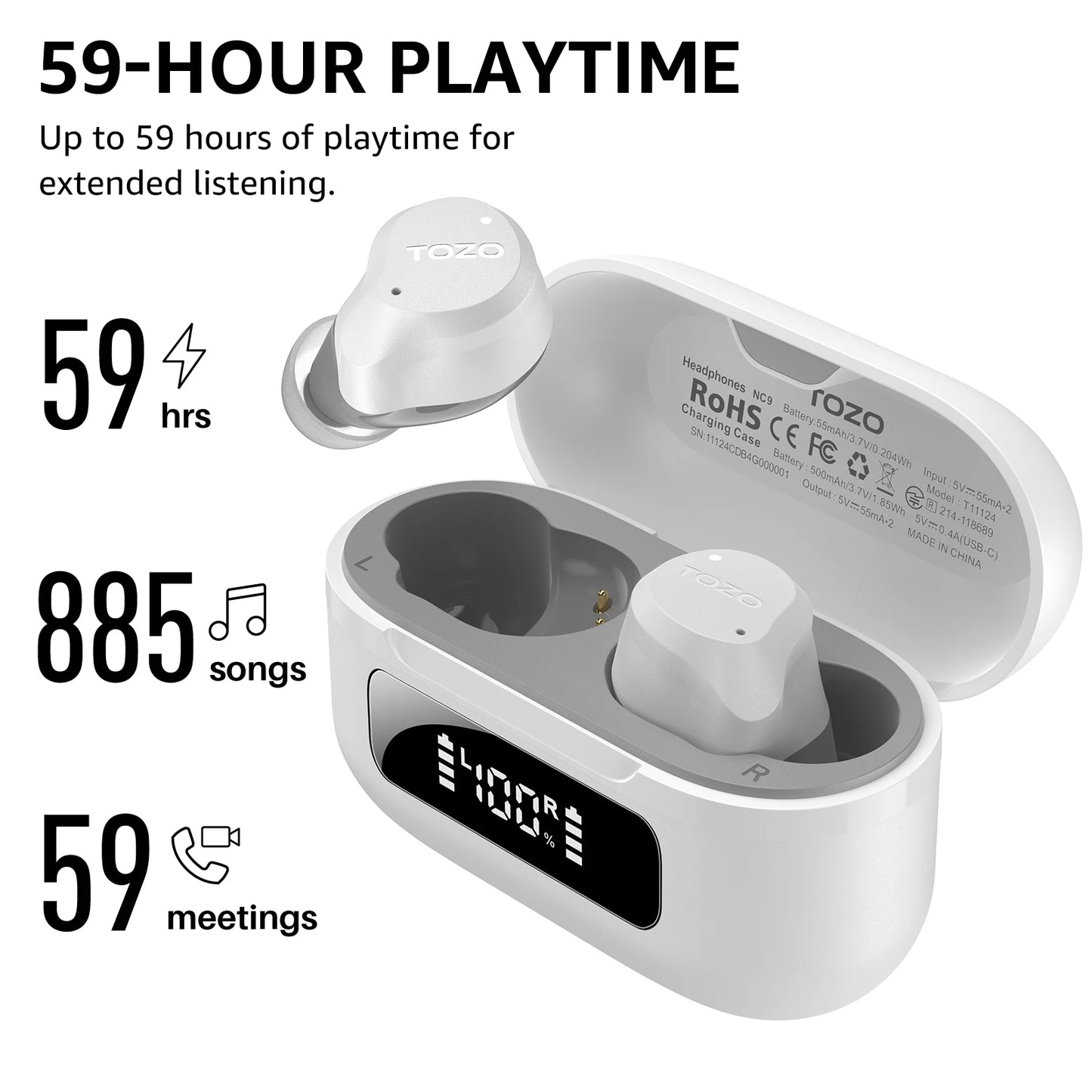 TOZO NC9 True Wireless Earbuds with Active Noise Cancelling, 6-Mic ENC, Bluetooth In-Ear Headphones – White