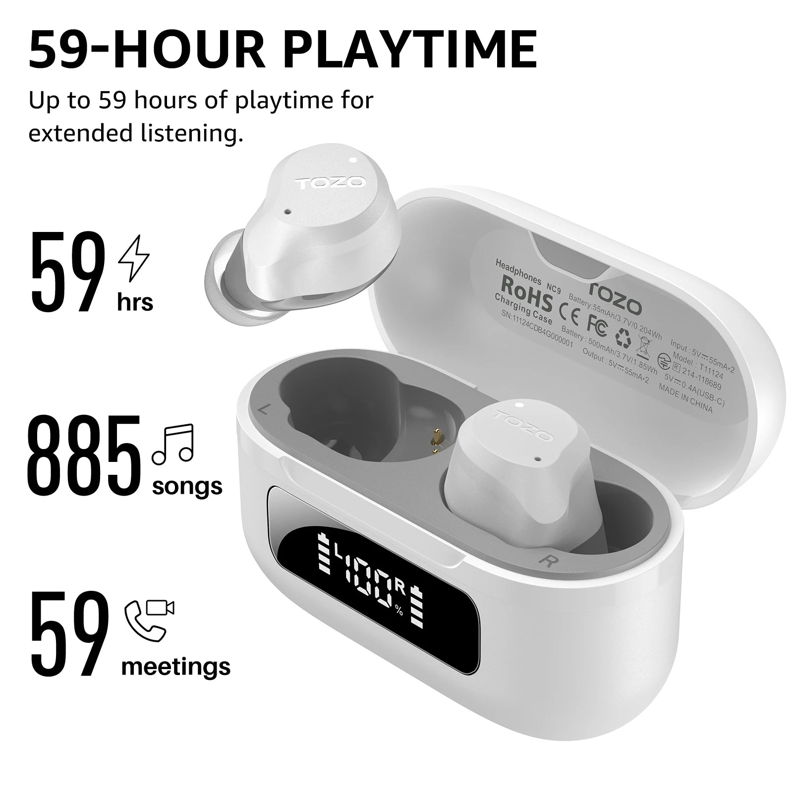 TOZO NC9 True Wireless Earbuds with Active Noise Cancelling, 6-Mic ENC, Bluetooth In-Ear Headphones – White