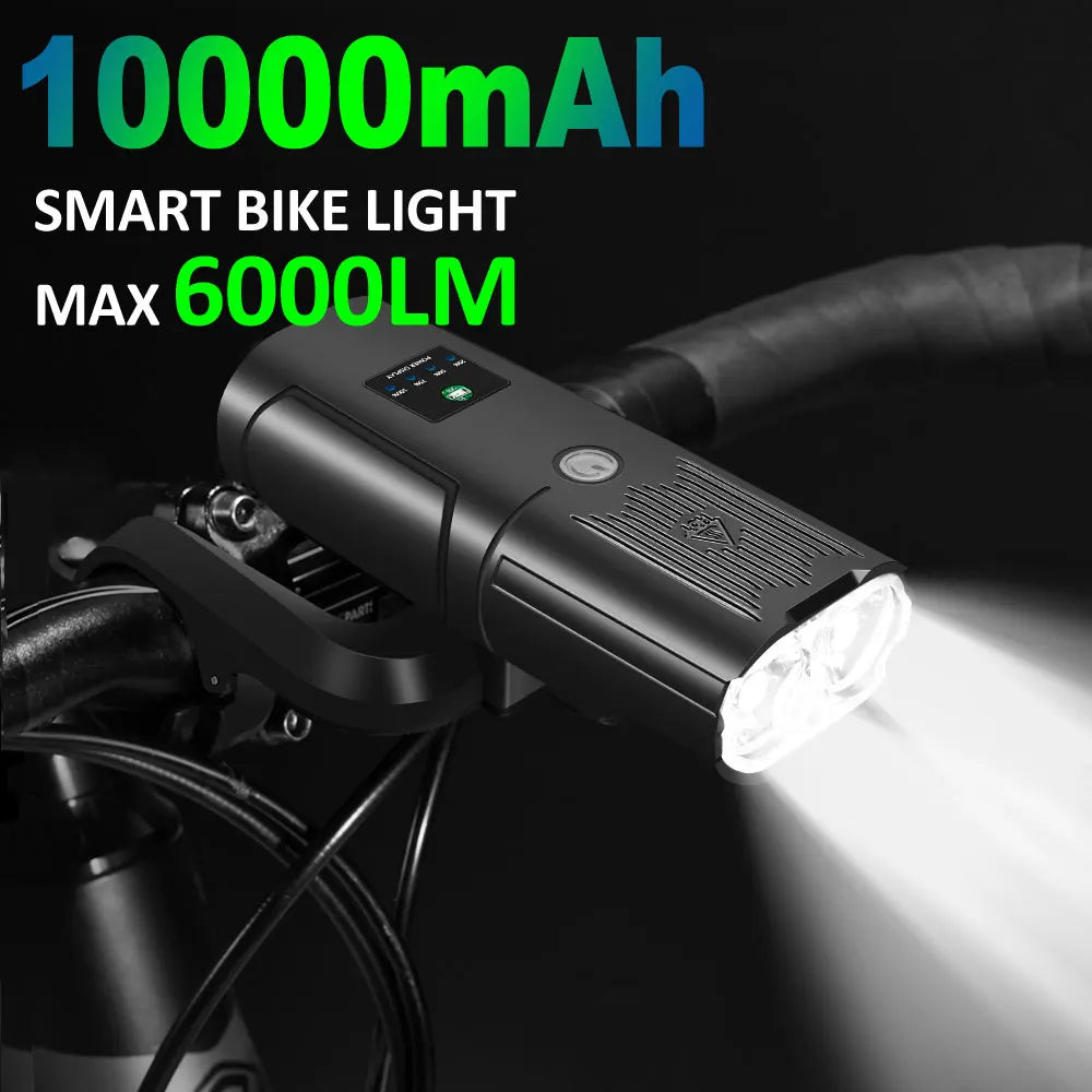 Smart Bicycle Headlight 6000 Lumen – 10000mAh Rechargeable Front Bike Light with Power Bank, IPX6 Waterproof, USB Charging, MTB & Road Cycling Lamp