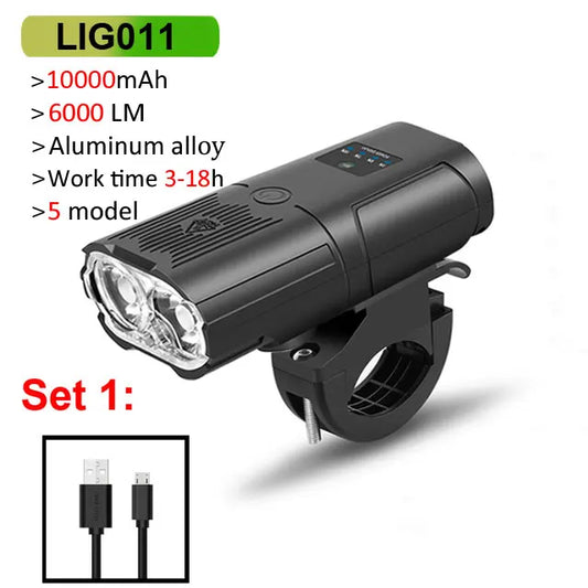 Smart Bicycle Headlight 6000 Lumen – 10000mAh Rechargeable Front Bike Light with Power Bank, IPX6 Waterproof, USB Charging, MTB & Road Cycling Lamp