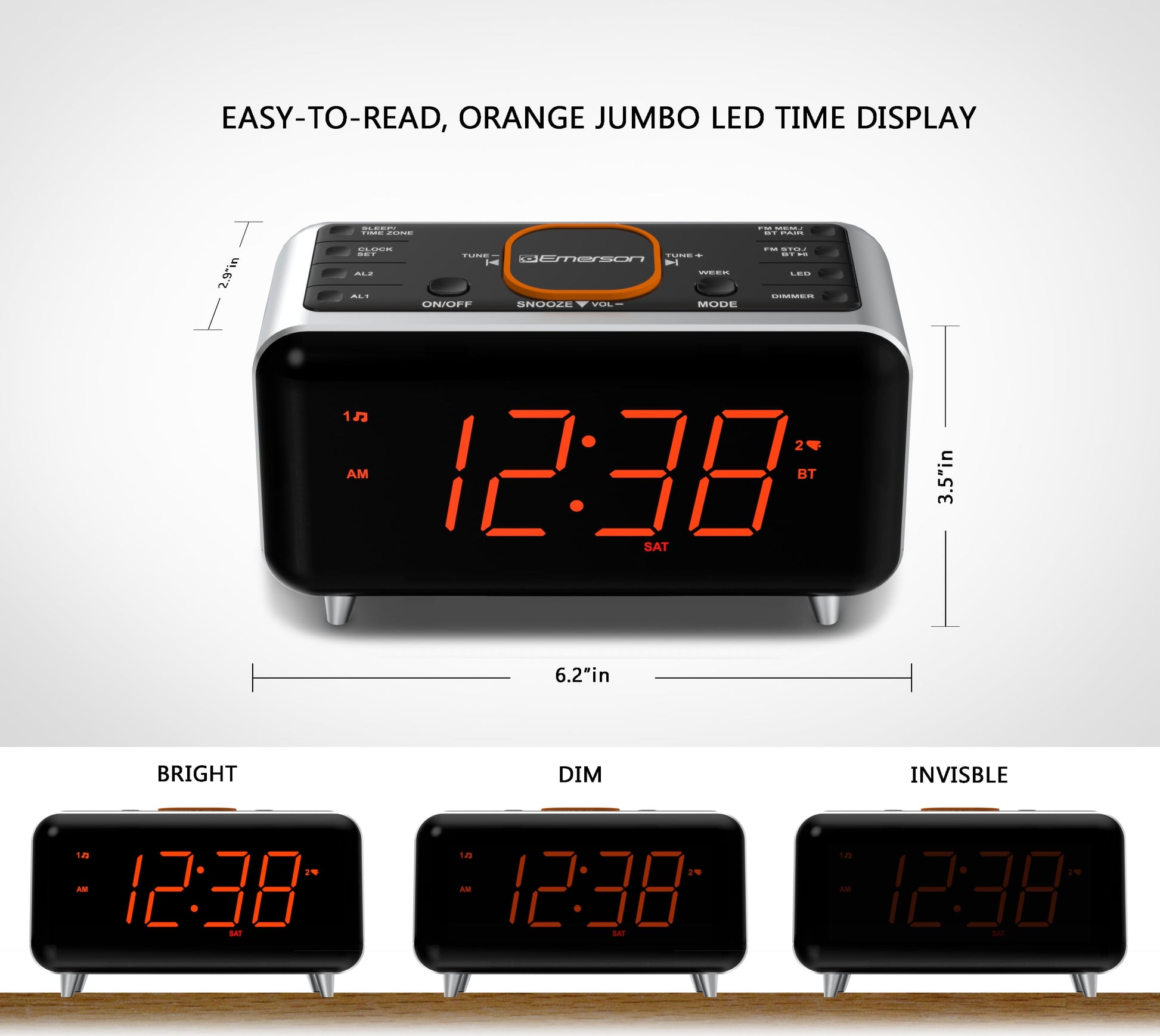 Emerson SmartSet Dual Alarm Clock Radio – Bluetooth Speaker, USB Charging, FM Radio & 1.4" Orange LED Display (CKS1521)