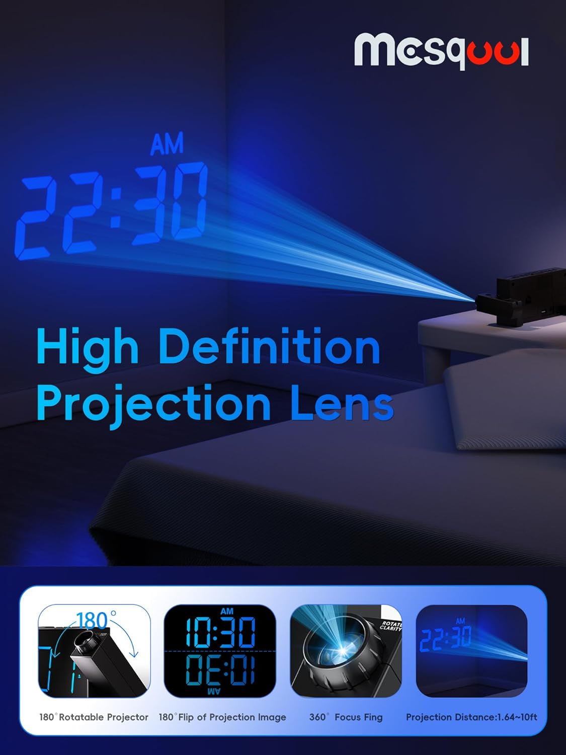 Mesqool Digital Projection Alarm Clock – 180° Rotatable Projector, 7" Large LED Display, Dual Alarms, 5-Level Dimmer, USB Charger & Battery Backup (Blue Projection)