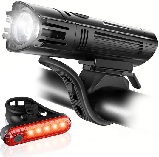 Ultra Bright Rechargeable Bike Light Set – 2000mAh USB Headlight & 330mAh Taillight, 4 Light Modes, IPX4 Waterproof, Front & Rear LED for Road, MTB, Night Cycling (Black)