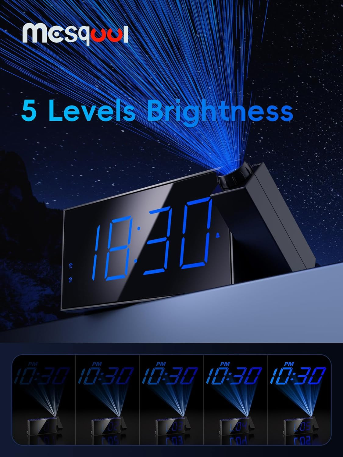 Mesqool Digital Projection Alarm Clock – 180° Rotatable Projector, 7" Large LED Display, Dual Alarms, 5-Level Dimmer, USB Charger & Battery Backup (Blue Projection)