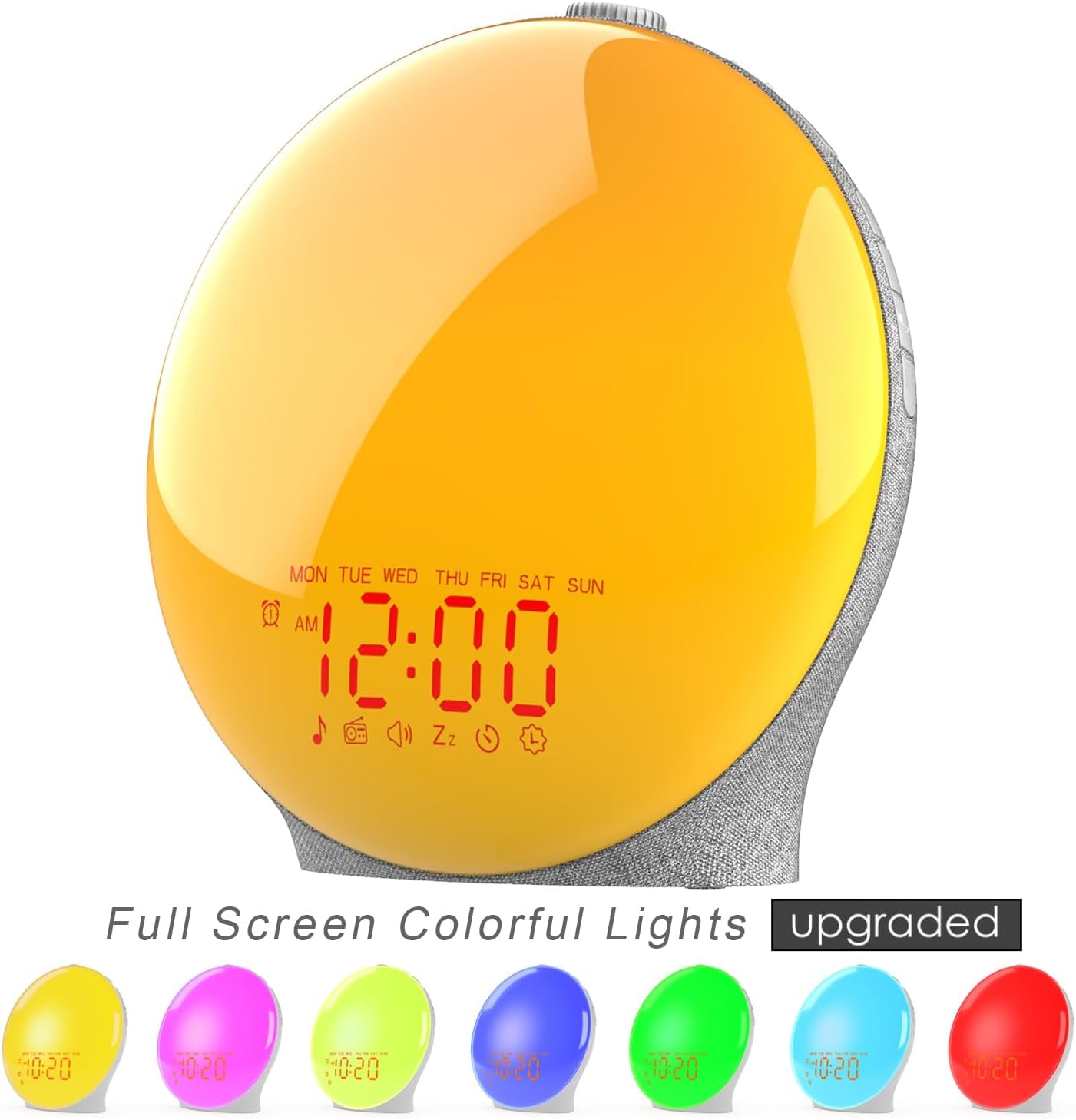 Sunrise Alarm Clock – Wake Up Light with Dual Alarms, FM Radio, 15 Colors, 8 Natural Sounds & Snooze for Kids & Heavy Sleepers (Gray Fabric)