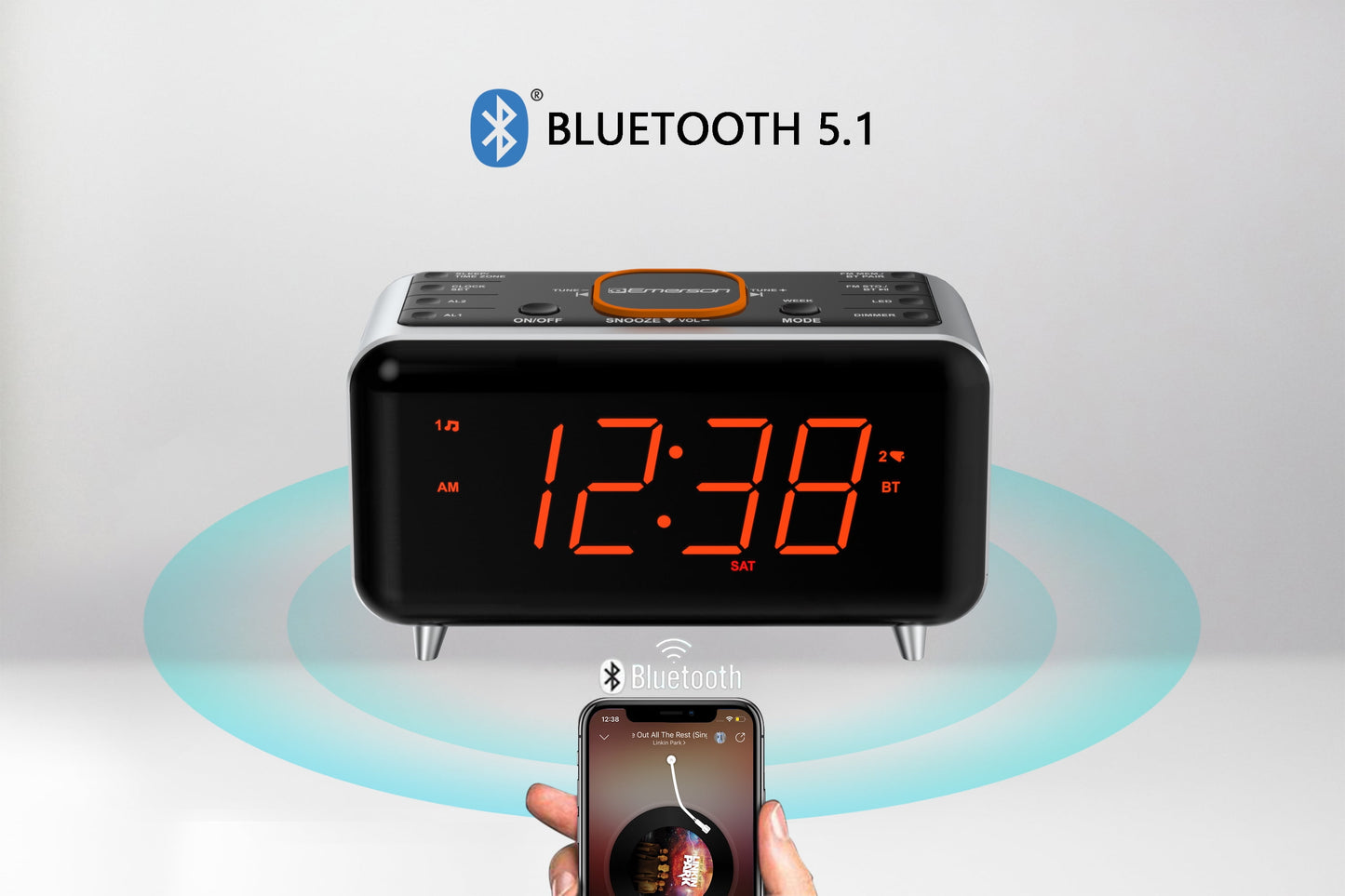 Emerson SmartSet Dual Alarm Clock Radio – Bluetooth Speaker, USB Charging, FM Radio & 1.4" Orange LED Display (CKS1521)